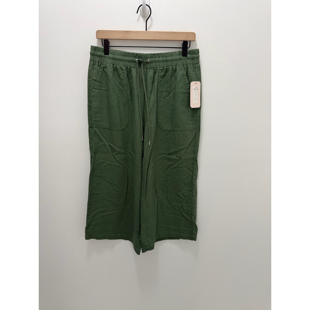 Allison Daley Green Linen Viscose Blend Wide Leg Cropped Pants Culottes Small